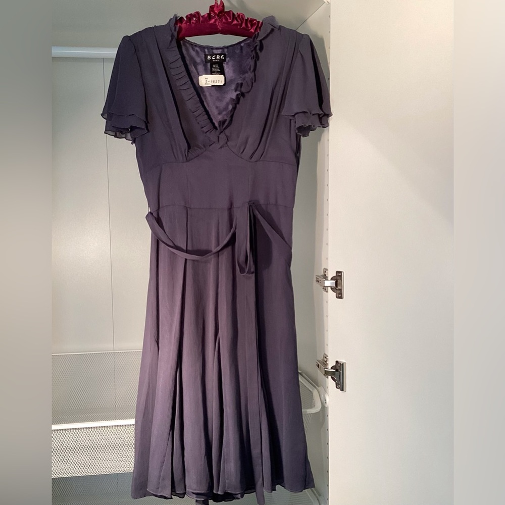 BCBG Paris grey elegant dress. Dry cleaned. Size 2, 13” waist. +bag